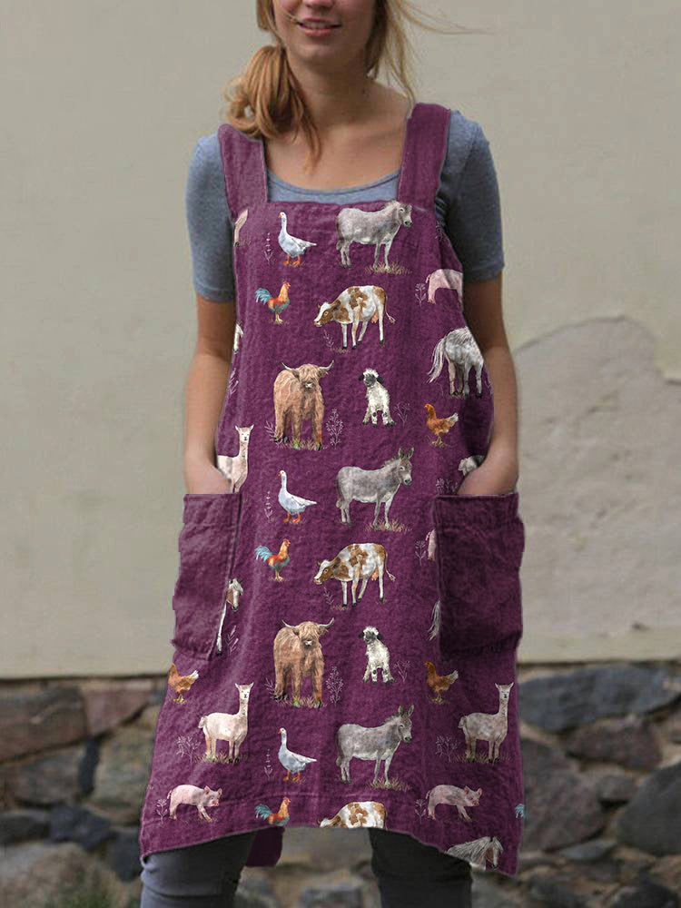 Farm Animals Print Linen Cross Back Apron artswardrobe