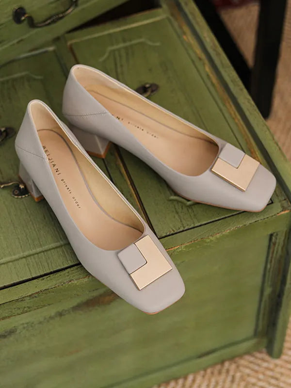 Square Buckle Chunky Square Mid Heel Shoes