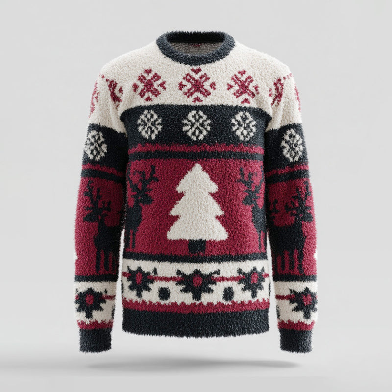 Comstylish Men's Christmas Christmas Tree And Reindeer Comfortable Crew Neck Plush Sweatshirt