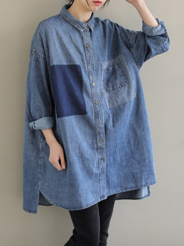High-low Long Sleeves Asymmetric Buttoned Pockets Split-joint Lapel Blouses&shirts Tops