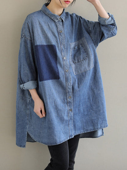 High-low Long Sleeves Asymmetric Buttoned Pockets Split-joint Lapel Blouses&shirts Tops