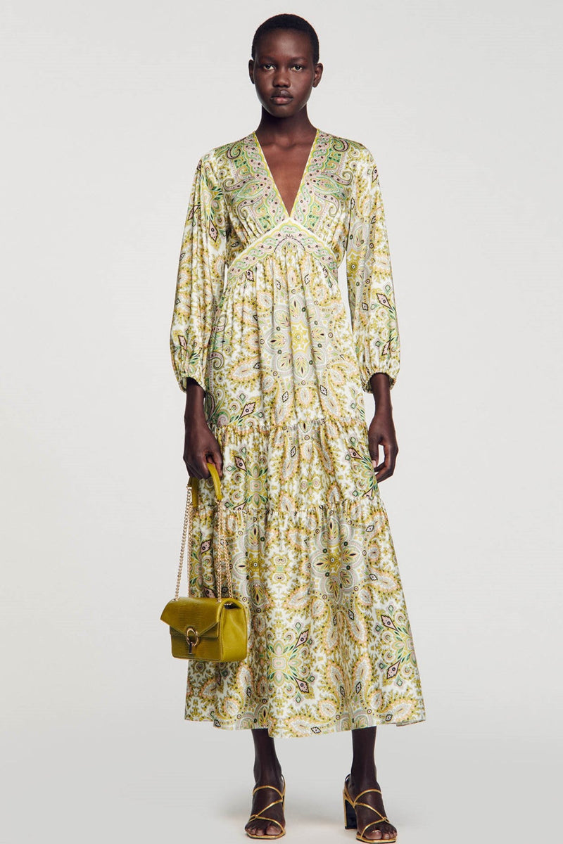 Paisley Mid Sleeve V-neck Midi Dress