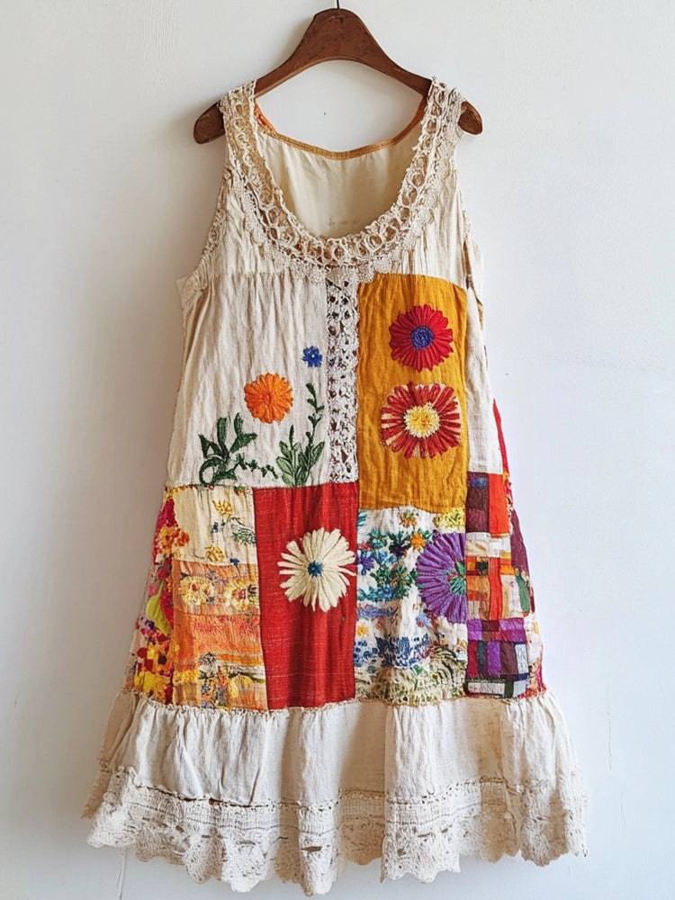 Floral Embroidered Lace Patchwork Linen Blend Dress artswardrobe