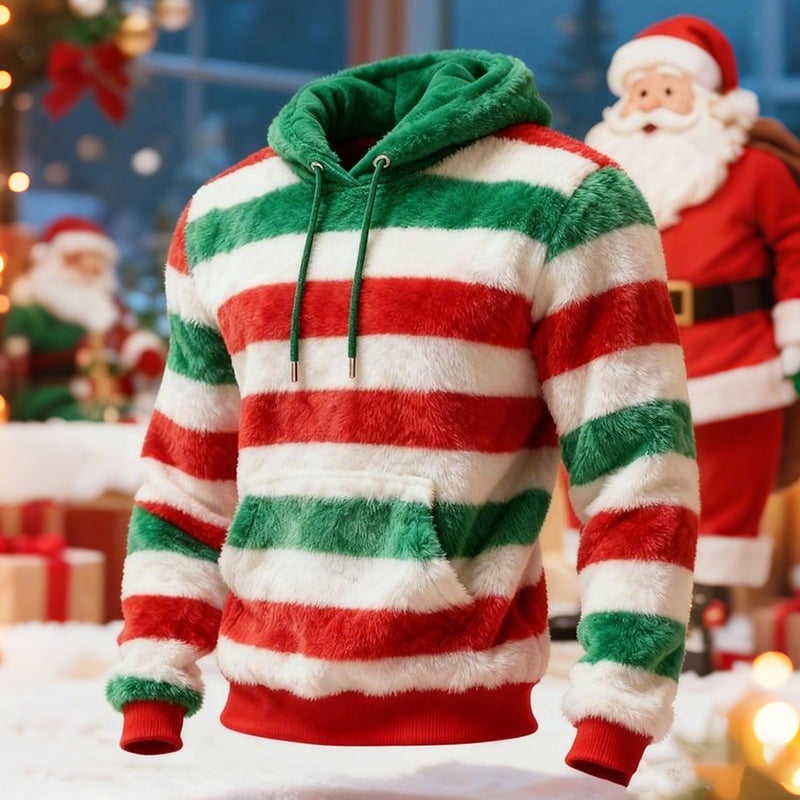 Comstylish Men's Christmas Striped Print Plush Warm Hoodie