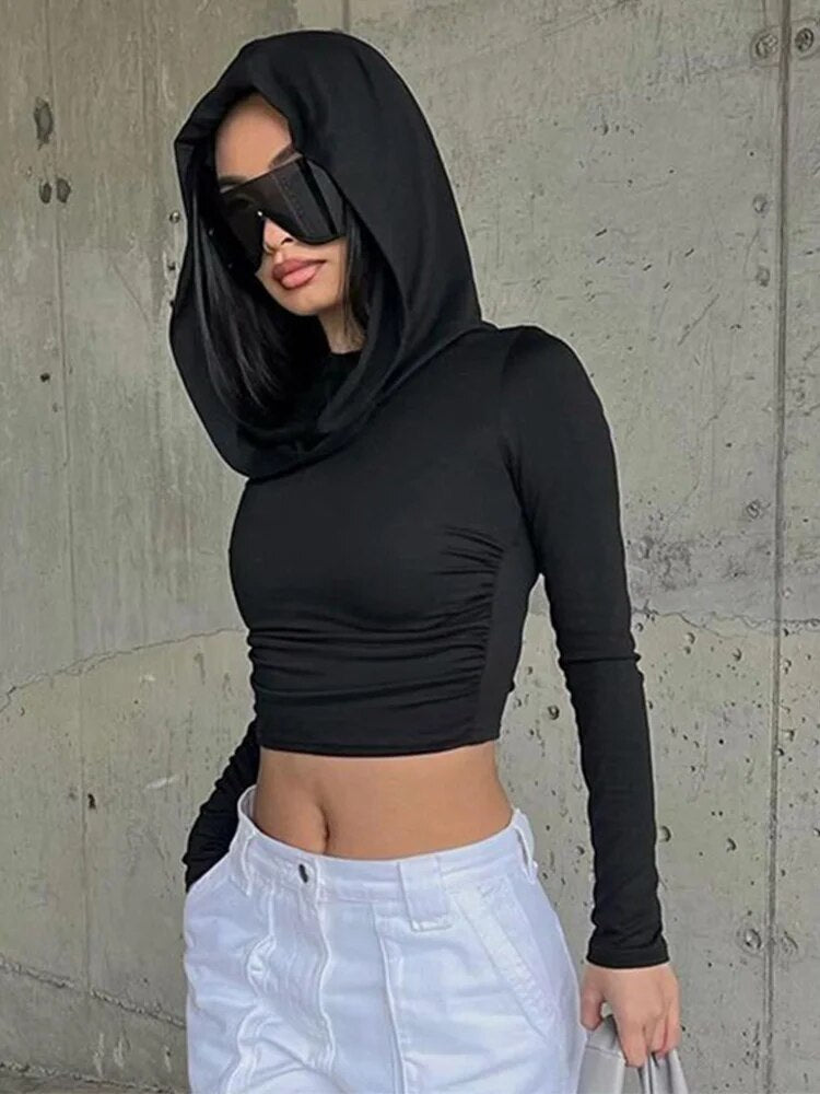 ’s Hooded Crop Tops Autumn Color Long Sleeve Cowl Neck Slim Fit Short T-shirt Sporty Basics Tees