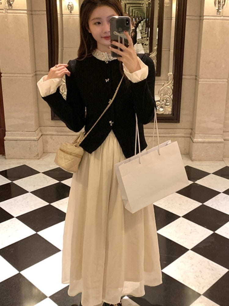 Patchwork Midi Dress O-neck Long Sleeve A-line Autumn Spring Evening Party Prom Robe Princess Vestidos New