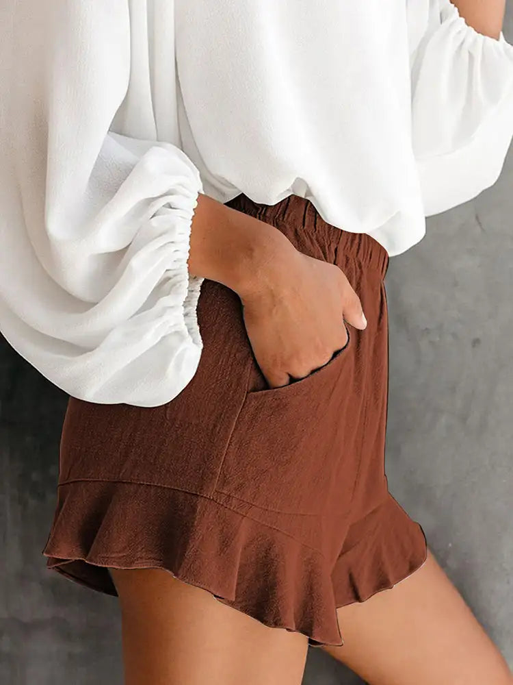 Brown Ruffle Pocketed Shorts