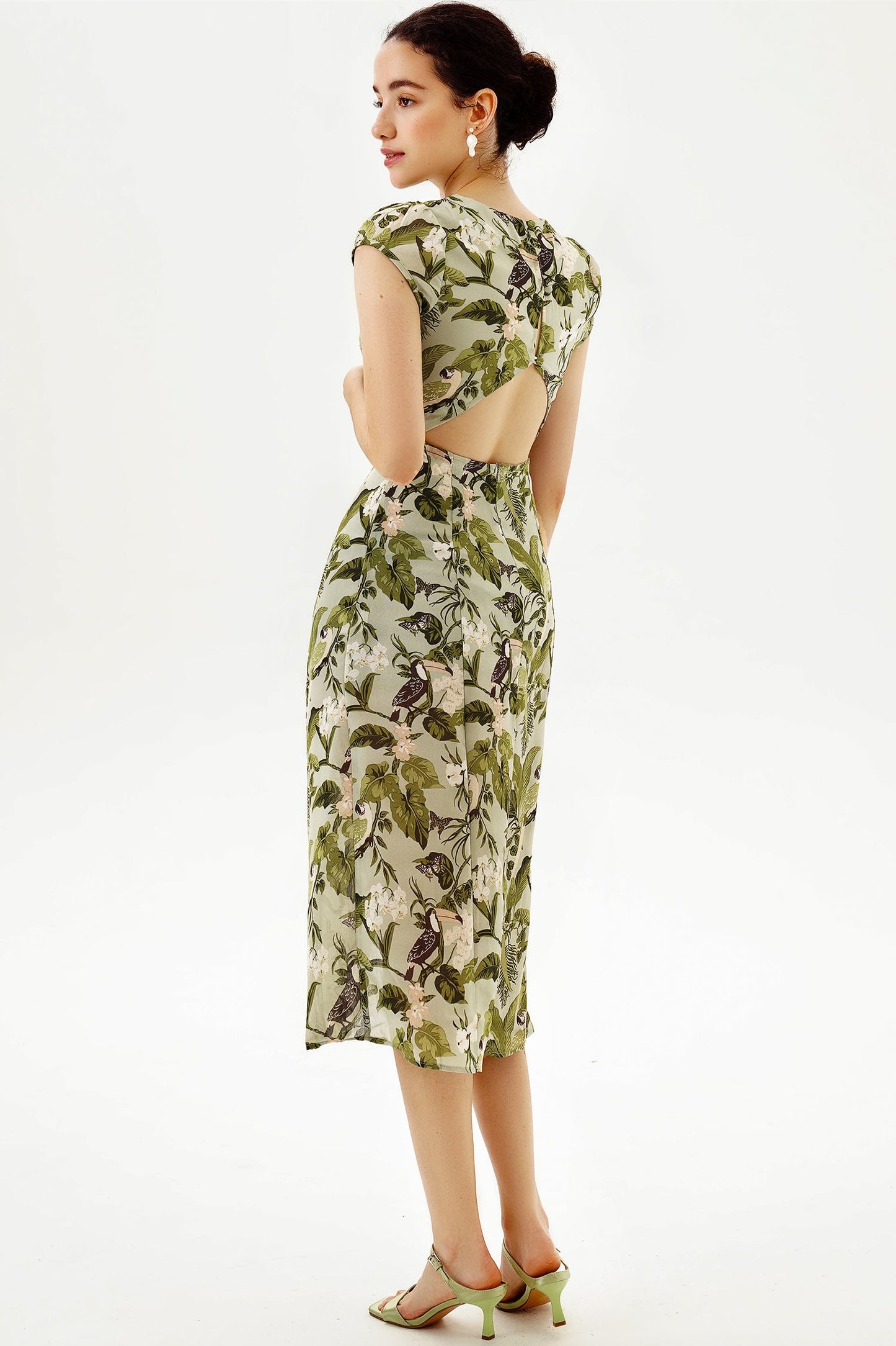 Backless Cut-out Slit Print Midi Dress Green