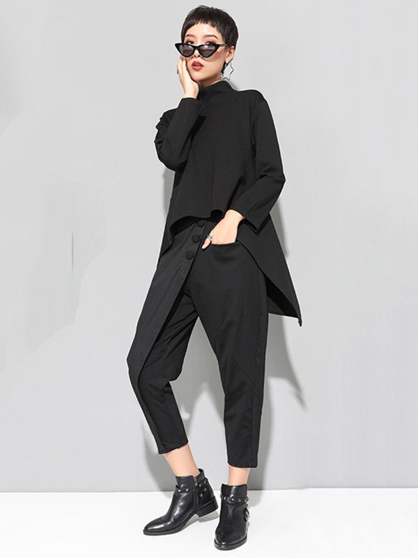 Black Zipper Long Sleeves Swallow-tailed T-shirt