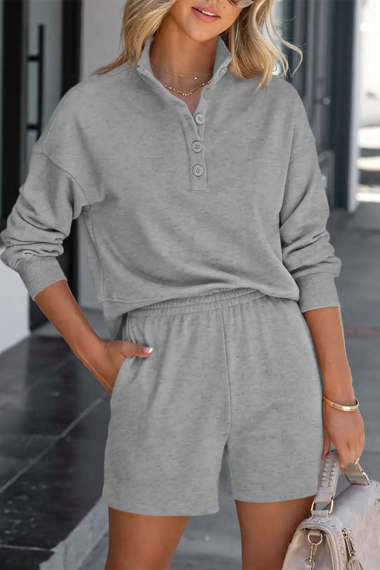 Gray High Neck Henley Top and Shorts