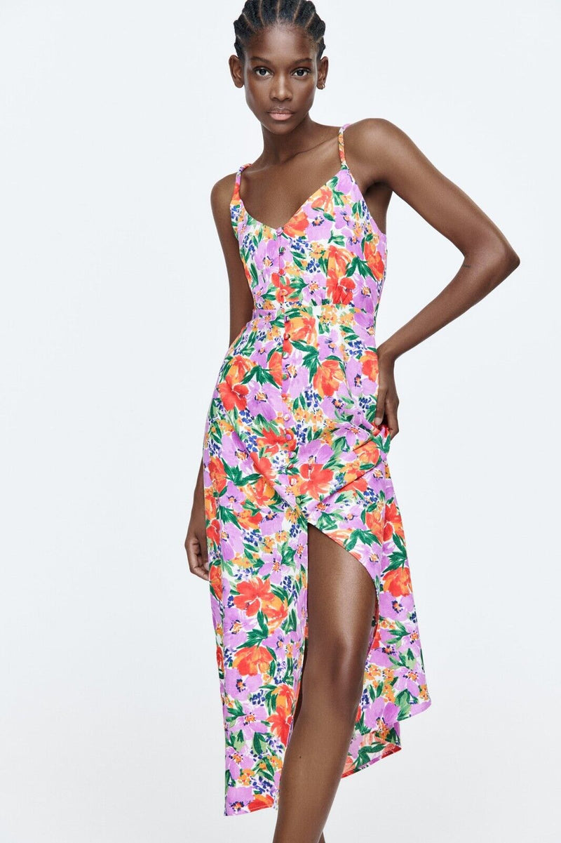 Buttoned Trim Cami Slit Midi Dress