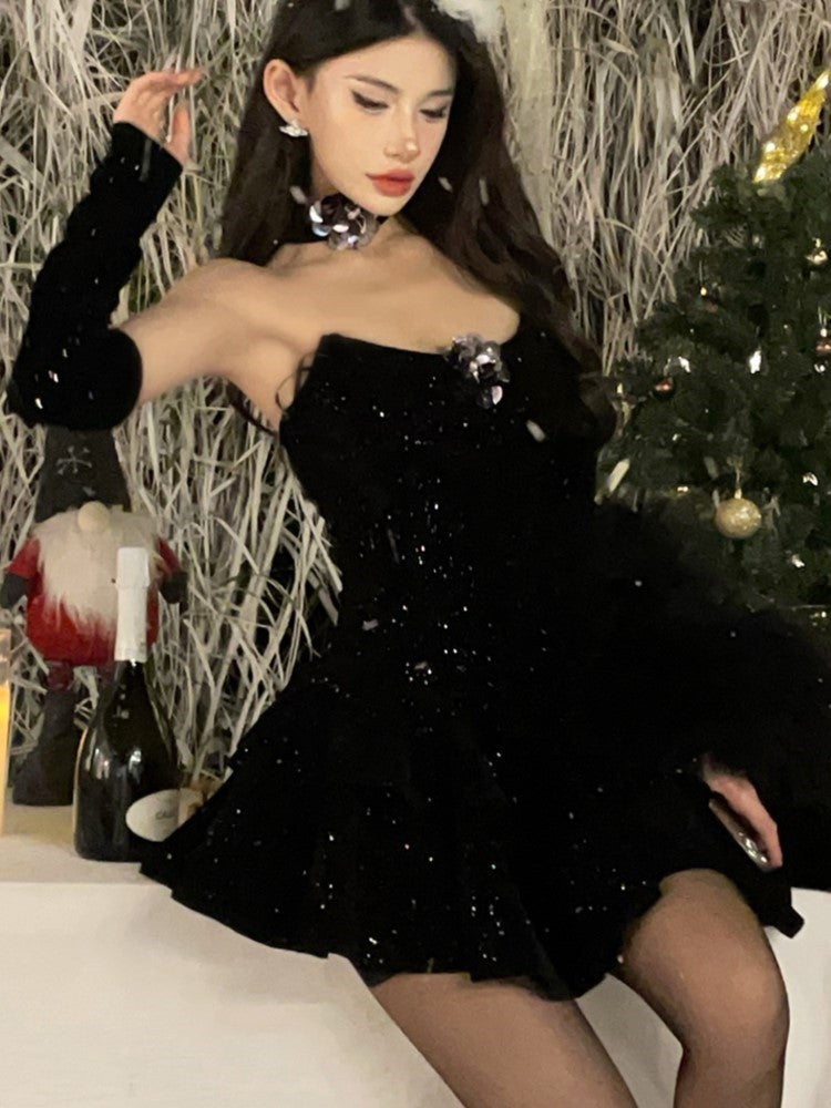 Y2k Velvet Mini Dress Strapless With Choker Bodycon Layered Ruffles A-line Birthday Evening Party Prom Robe Vestidos