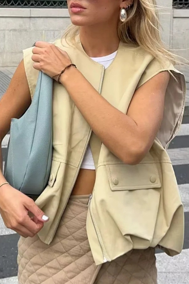 Street Color Pocket Zipper O Neck Waistcoats