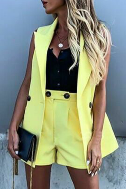 Pocket Buttons Turndown Collar Sleeveless Two Pieces