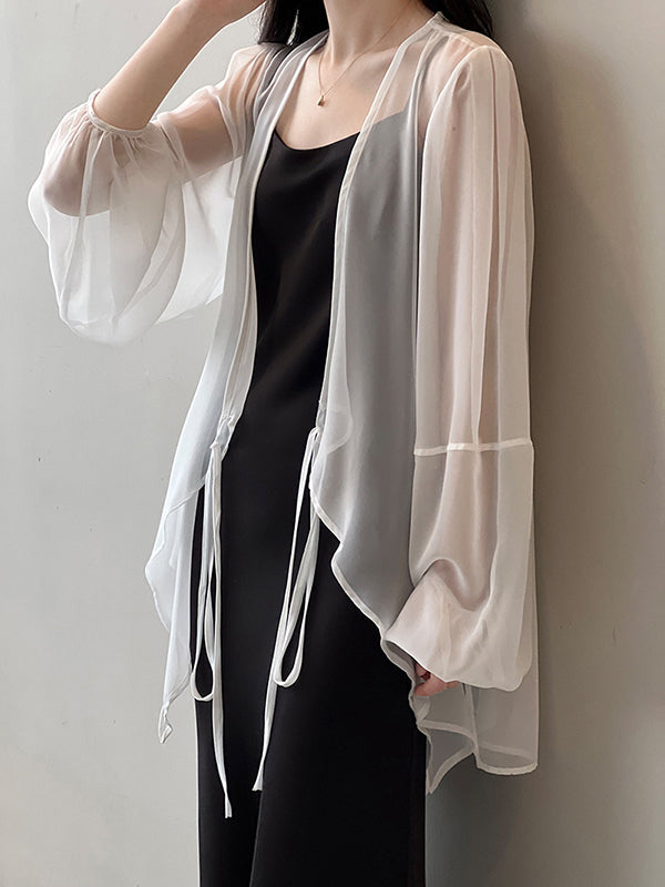Bishop Sleeve Long Sleeves See-through Split-joint Tied Collarless Blouses&shirts Tops