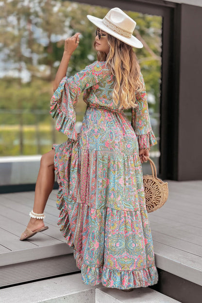 Green Paisley Printed Ruffle Trim Maxi Dress