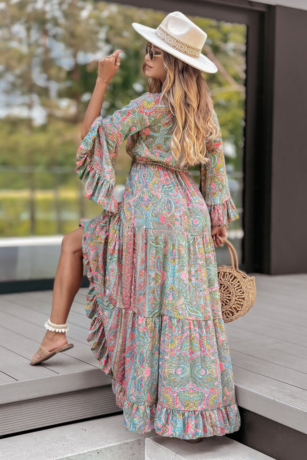 Green Paisley Printed Ruffle Trim Maxi Dress