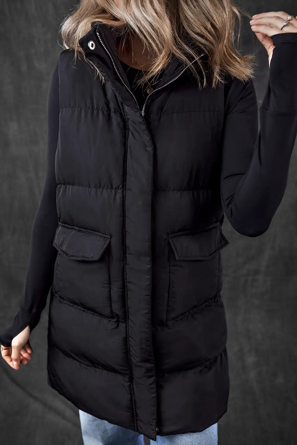 Black Longline Puffer Vest With Pockets
