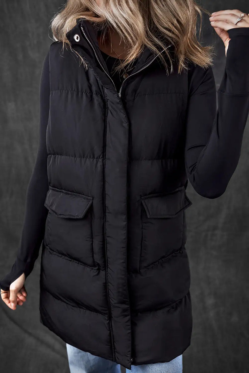 Black Longline Puffer Vest With Pockets