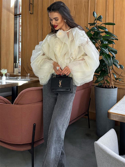 Tossy Patchwork Ruffled White Shirts for High Waist Long Sleeve Blouse Top