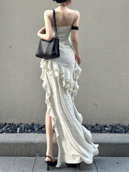 Y2k Spaghetti Strap Irregular Dress Layered Ruffles Slim Party Dress Spring New Prom Robe Wedding Vestidos Mujer