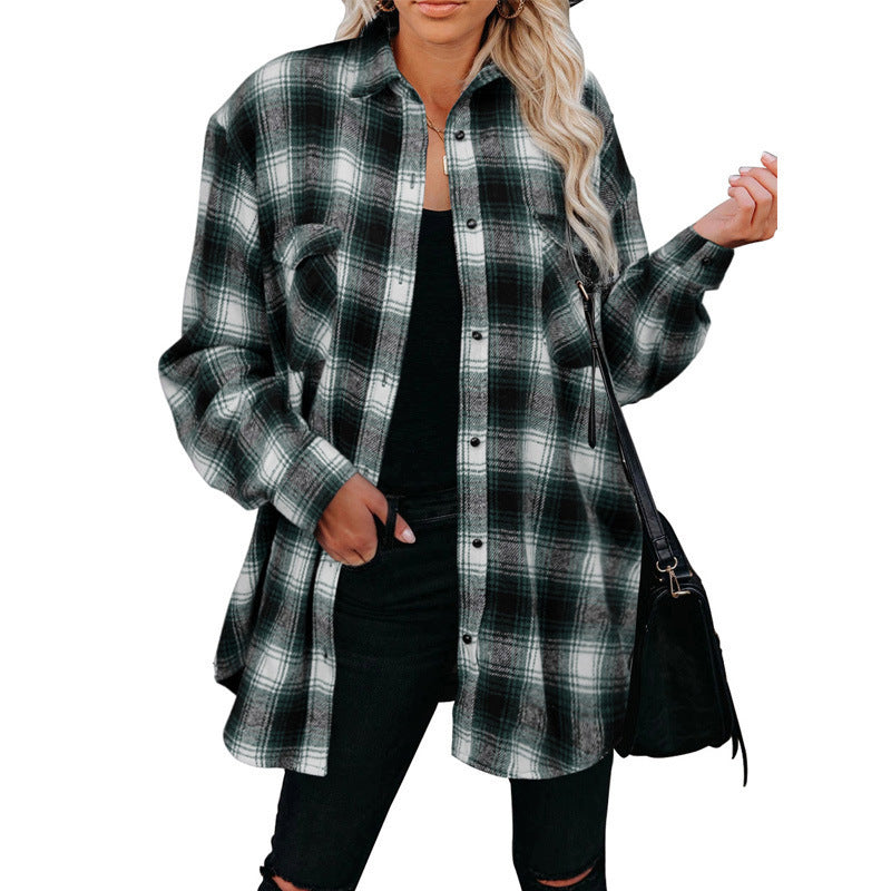 Clothing Autumn Winter Plaid Shirt Mid-length Loose Lapels Cardigan Shirt