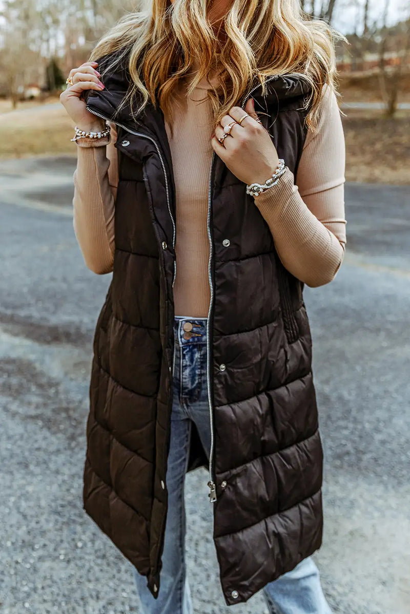 Black Quilted Hooded Vest Coat