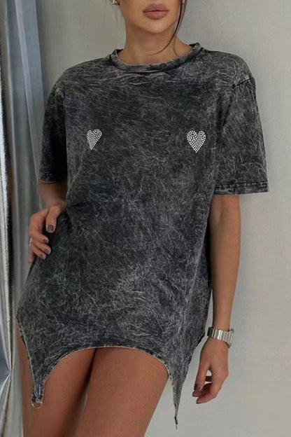 Letter Heart Shaped Make Old Asymmetrical Hot Drill O Neck T-shirts