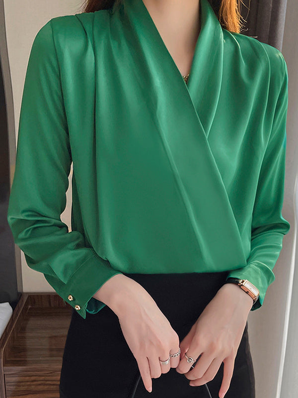 Long Sleeves Loose Buttoned Color V-neck Blouses&shirts Tops