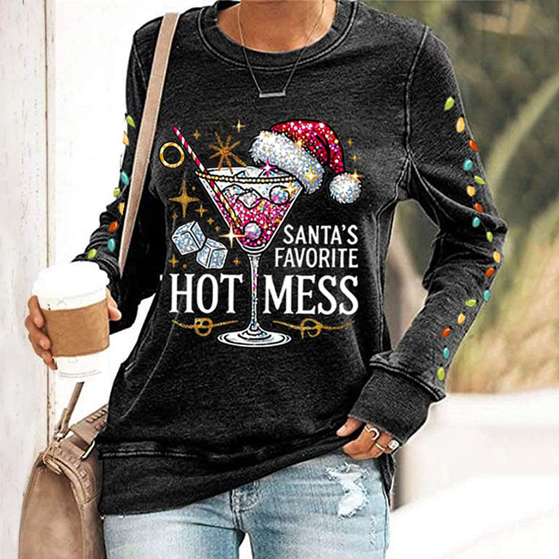 Comstylish Women's Christmas Santa's Favorite Hot Mess Print Crew Neck Sweatshirt