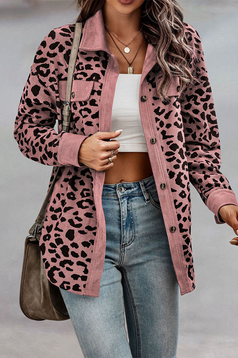 Sweet Leopard Pocket Turndown Collar Tops