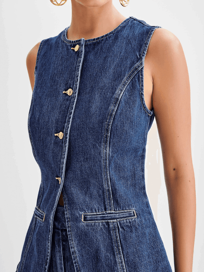 Dallas Button Front Denim Vest Shorts Matching Set