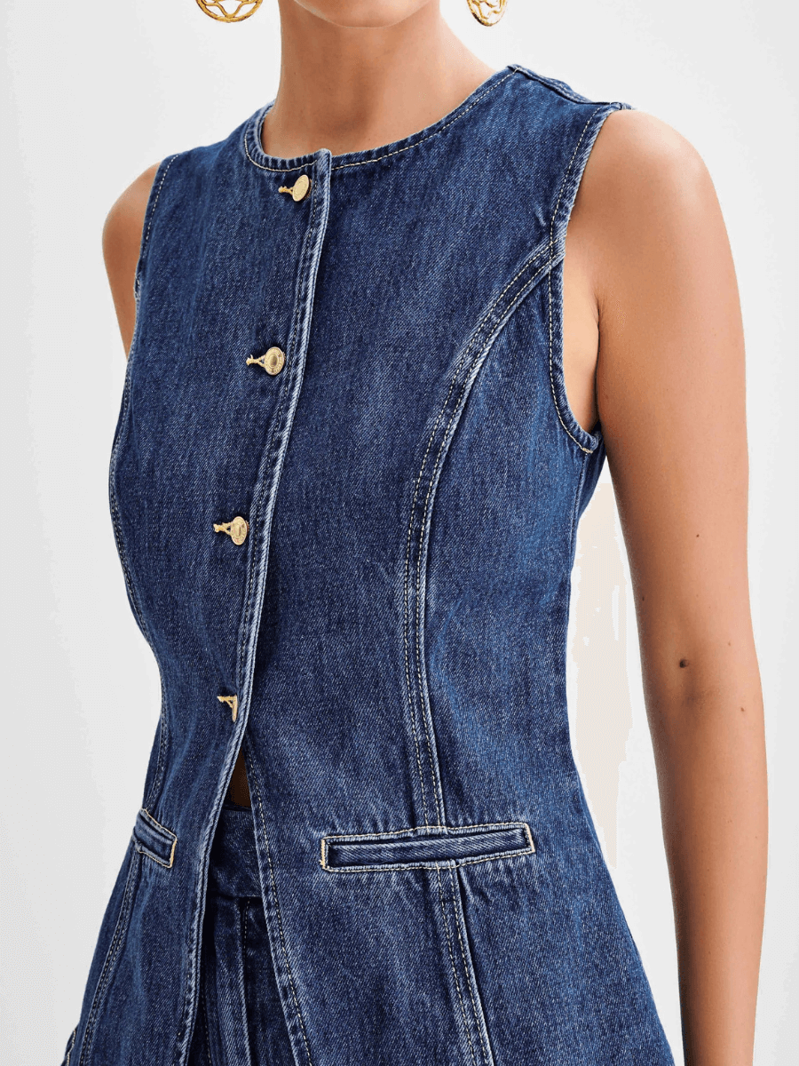 Dallas Button Front Denim Vest Shorts Matching Set