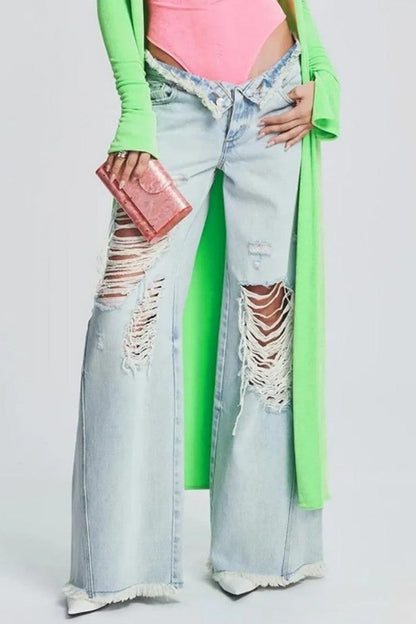 Ripped Patchwork Mid Waist Regular Denim Jeans (subject to the Actual Object)(5 Colors)