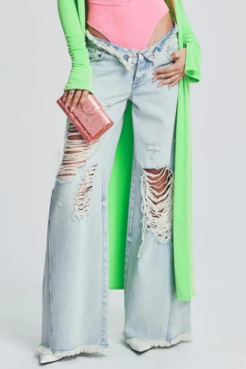 Ripped Patchwork Mid Waist Regular Denim Jeans (subject to the Actual Object)(5 Colors)