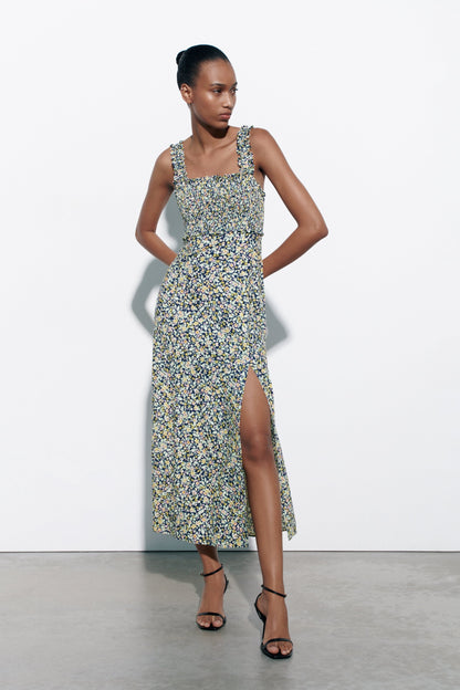 Cami Smocked Elastic Slit Midi Dress