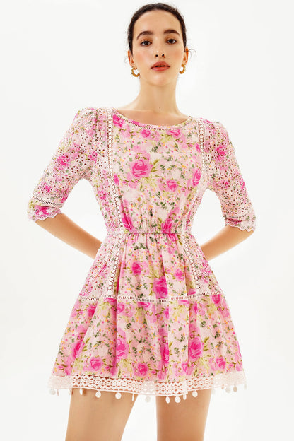 Puff Sleeve Lace Trim Ruffle Mini Dress