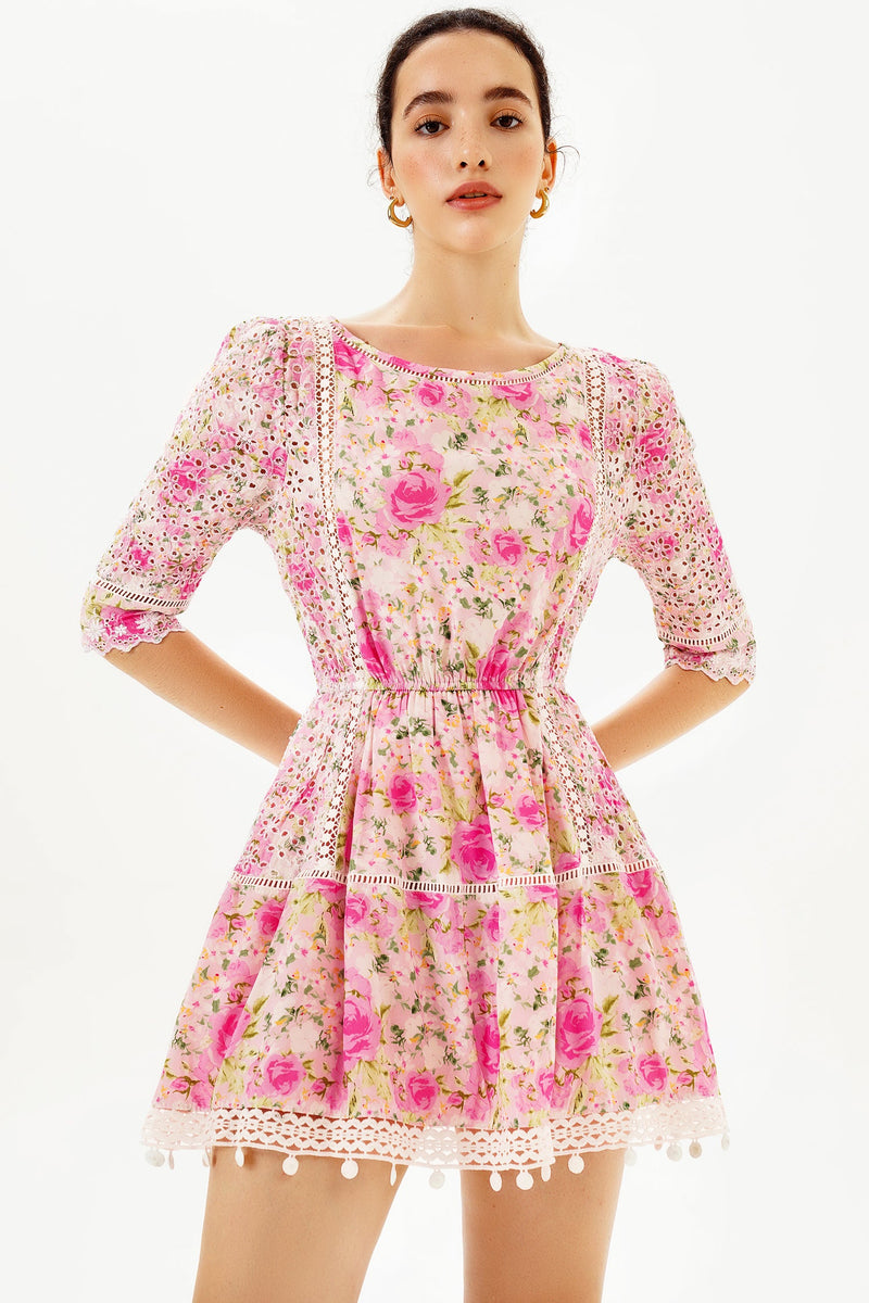Puff Sleeve Lace Trim Ruffle Mini Dress