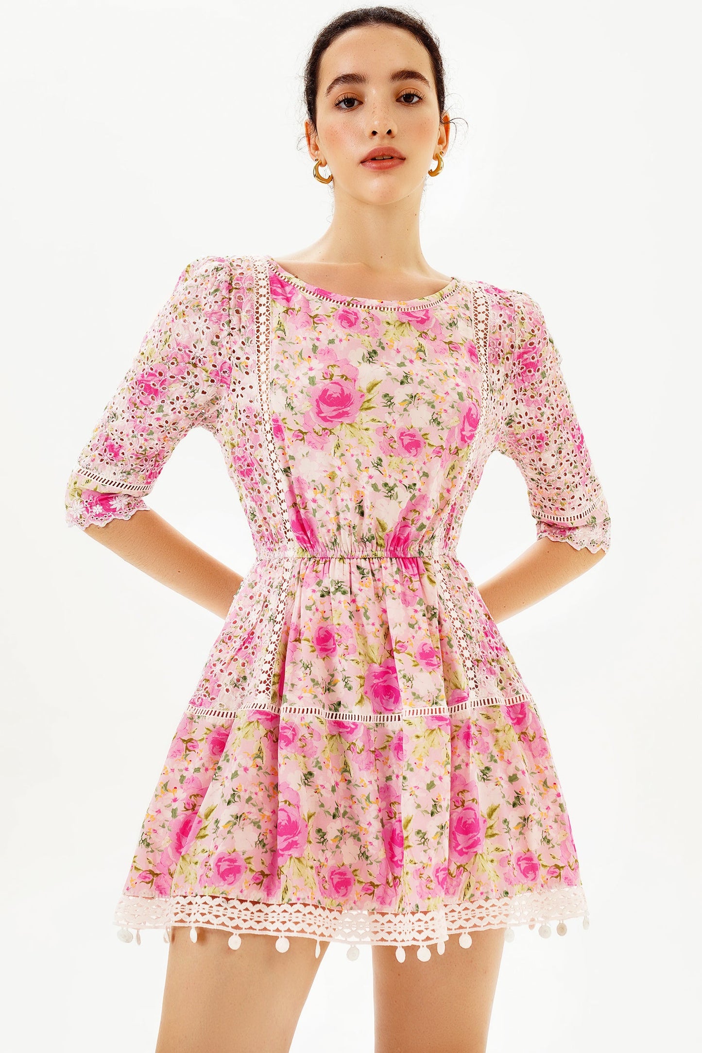 Puff Sleeve Lace Trim Ruffle Mini Dress
