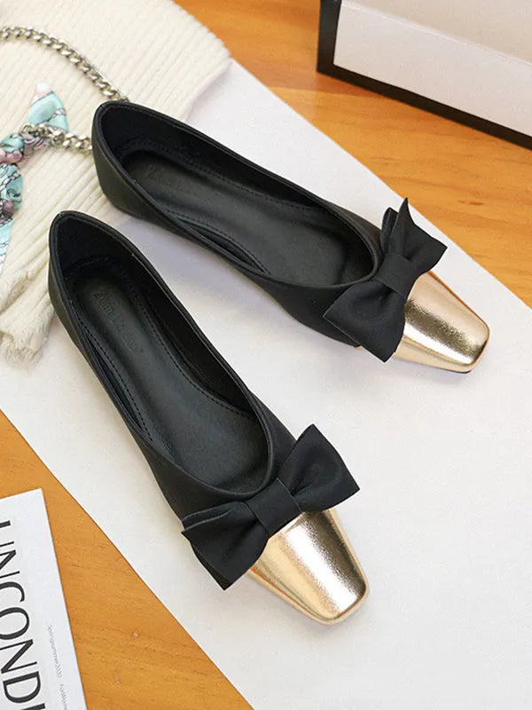 Bowknot Contrast Color Shallow Cut Split-joint Square-toe Flats