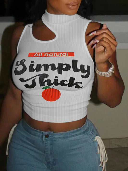 Fruit Letter Print Rib Knot Camisole Summer Basic Skinny Vest Crop Top Irregular Cut Out Sleeveless