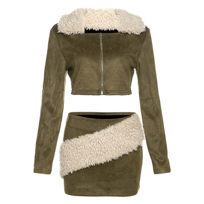Fall Clothing Long Sleeve Fur Collar Cardigan Coat Low Waist Hip Wrapped Skirt Set