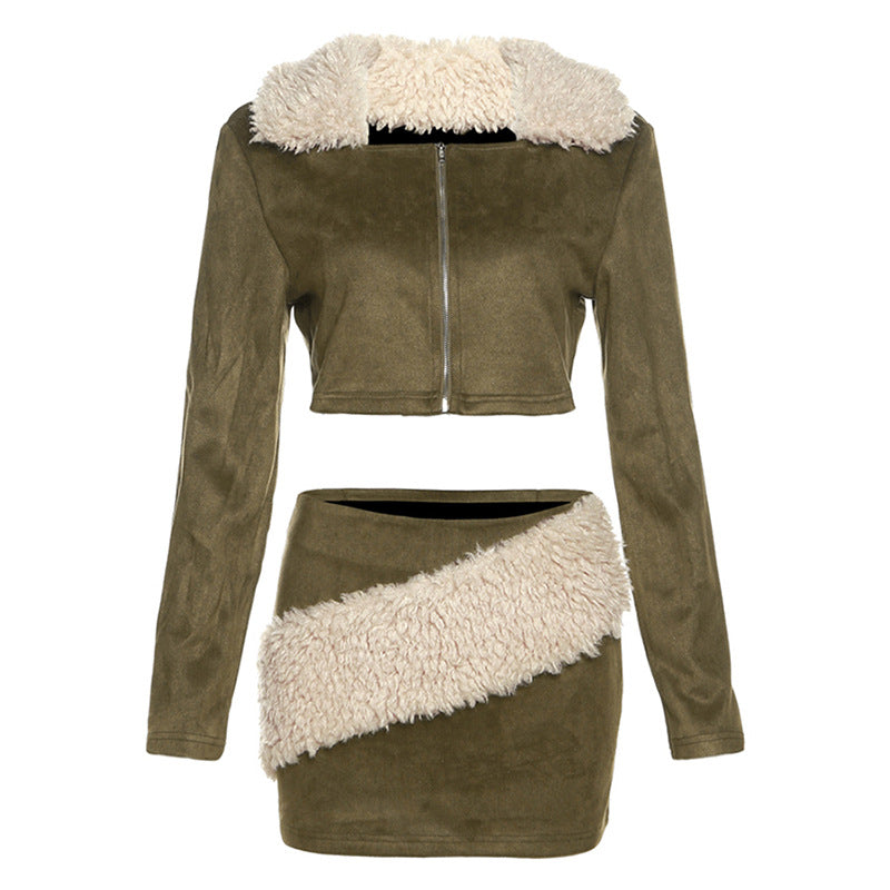 Fall Clothing Long Sleeve Fur Collar Cardigan Coat Low Waist Hip Wrapped Skirt Set