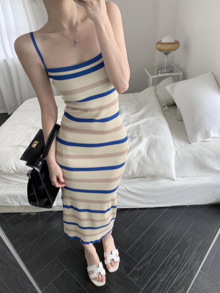 Camisole Dress for ’s Summer New Sleeveless Slim Fit Knitted Striped Mid Length Dresses