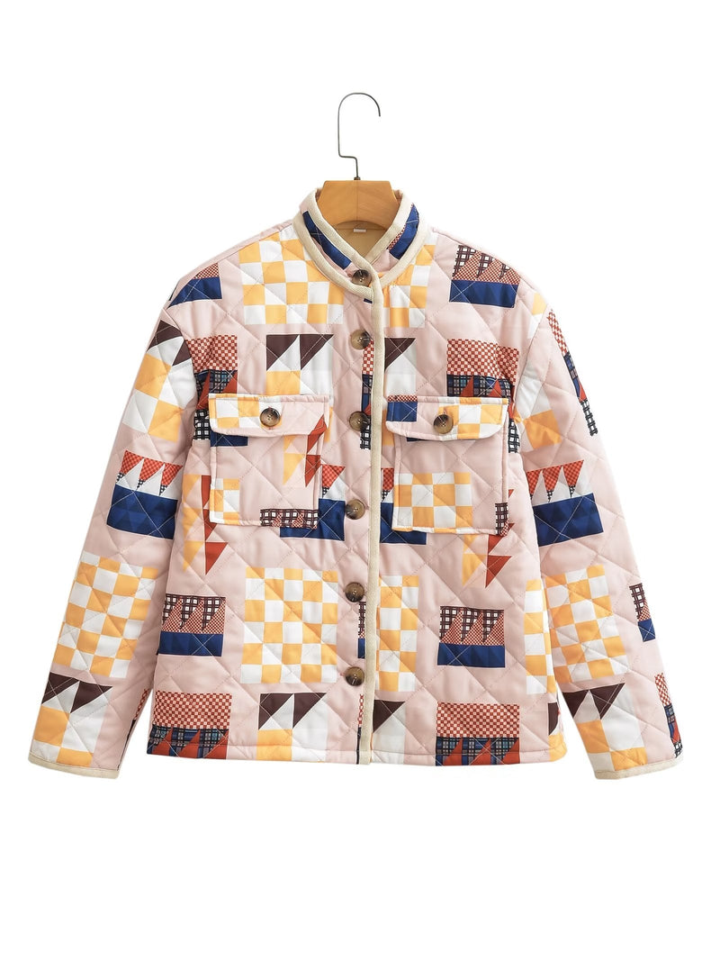 Autumn Winter Printing Cotton Padded Clothing Artistic Retro Loose Single Breasted Cardigan