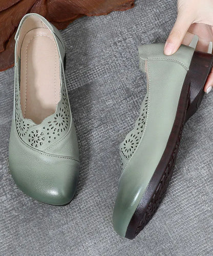 Green Hollow Out Flat Shoes Cowhide Leather Splicing Flats