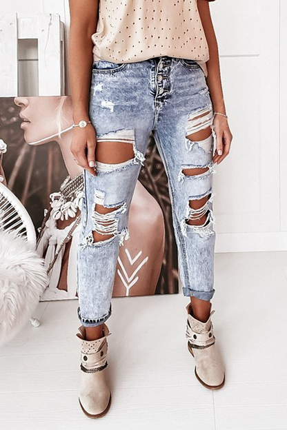 Street Ripped Hollowed Out Regular Jeans