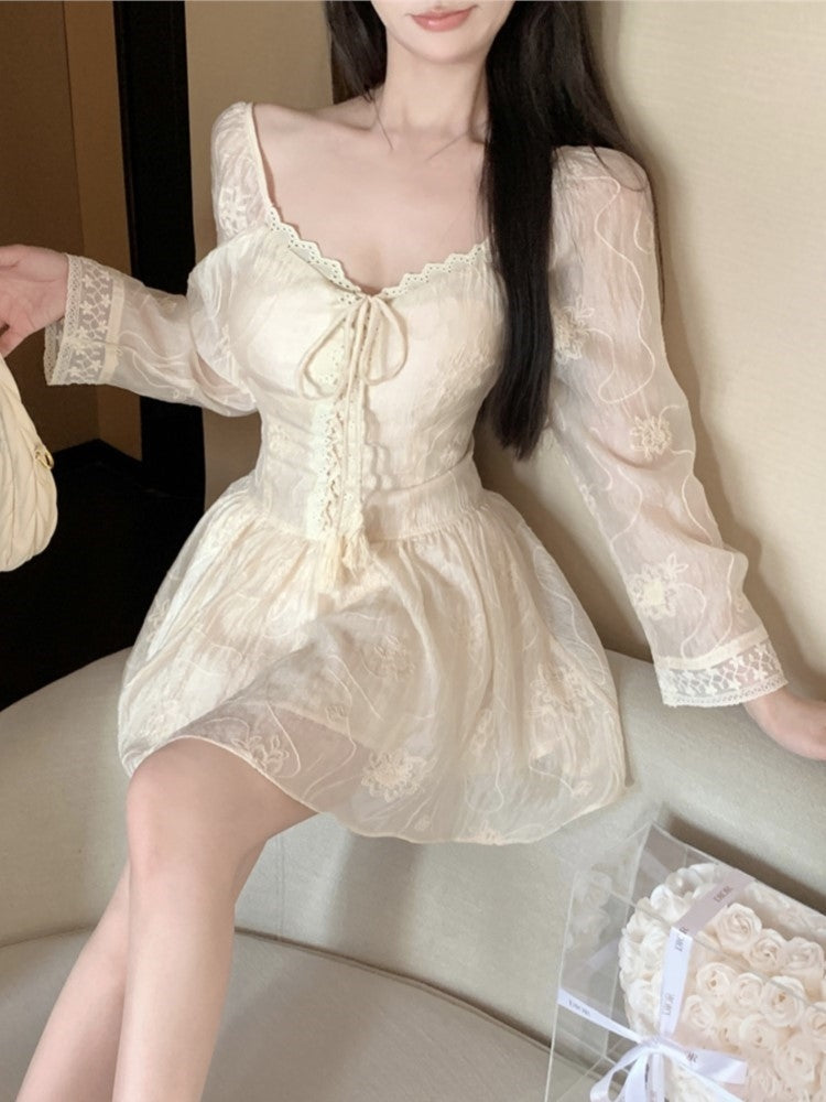 Slim Lace-up Mini Dress Bodycon V-neck Long Sleeve Spring French A-line Kawaii Birthday Party Vestidos Mujers