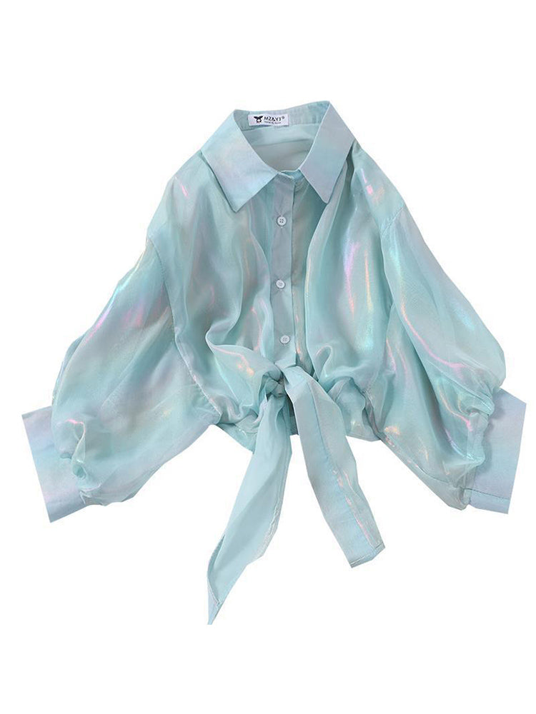 Buttoned Up Shirt Shirts Half Sleeve Shinning Sparkles Tied Waist Blouses for Autumn