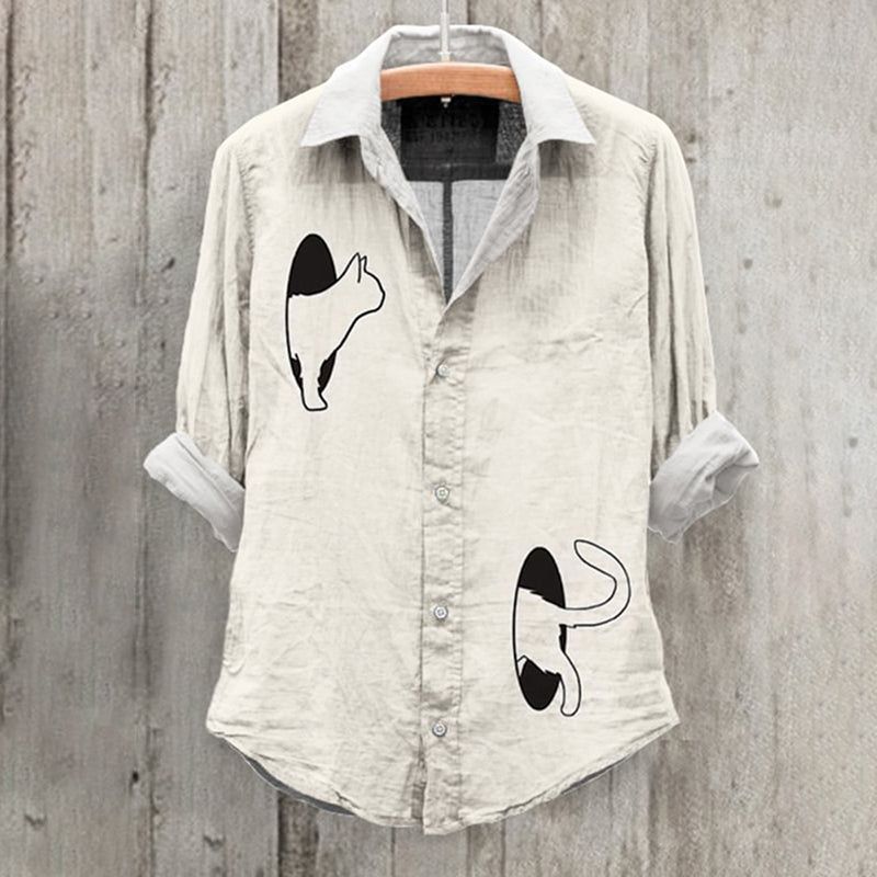 Cute Cat Print Long Sleeve Casual Shirt elevenforest